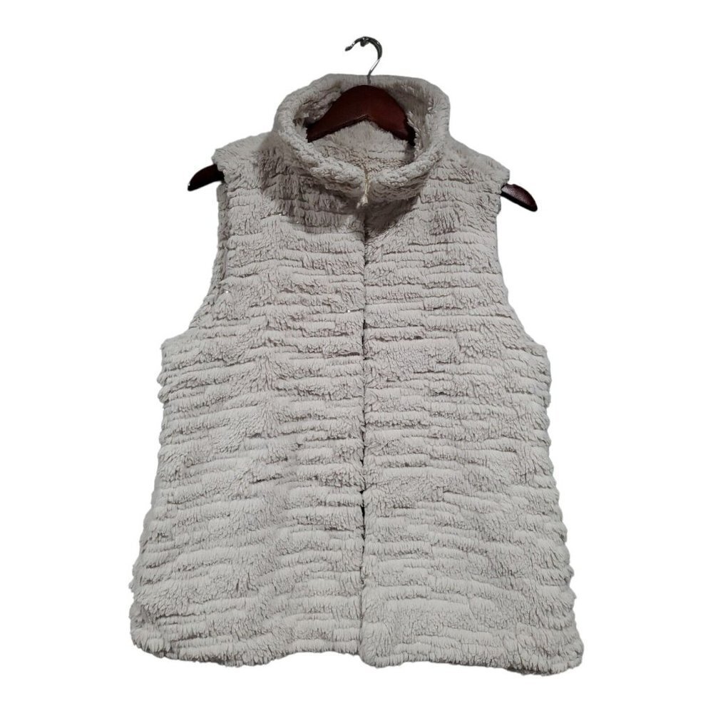 Dylan True Grit Women Ivory Fuzzy Silver Sequin Cozy Vest Oatmeal Mock Neck Sz L